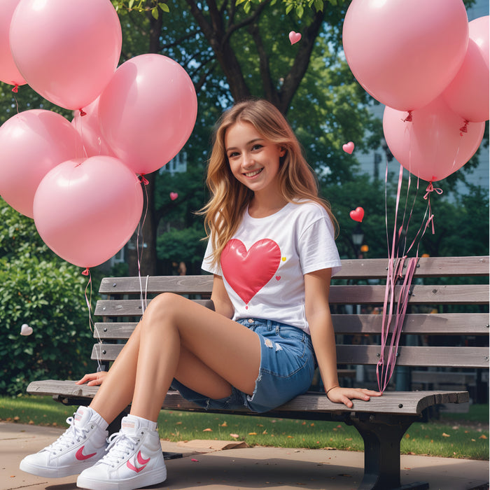 A young lady sit on a park bench, holding pink balloons with a joyful expression. Bless4Happy's handmade accessories bring lasting happiness, just like these balloons.