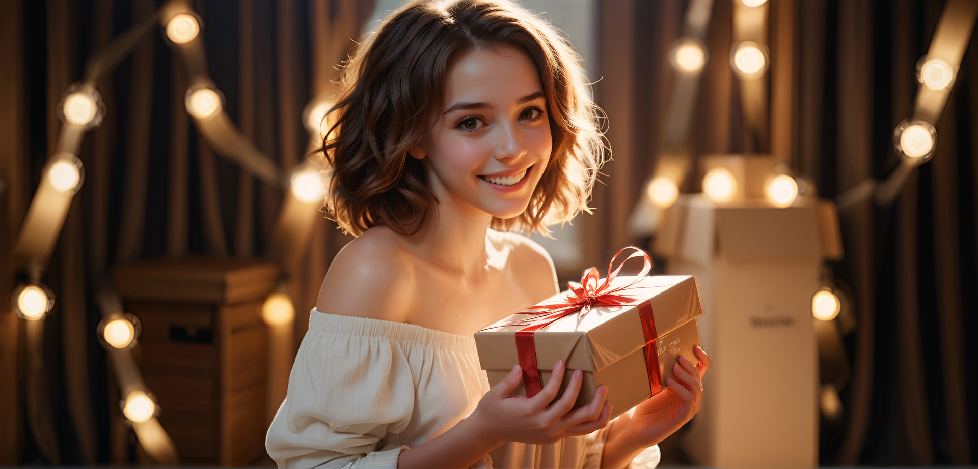 Delighted woman holding a gold-wrapped Bless4Happy present. Learn more about placing & managing Bless4Happy orders.