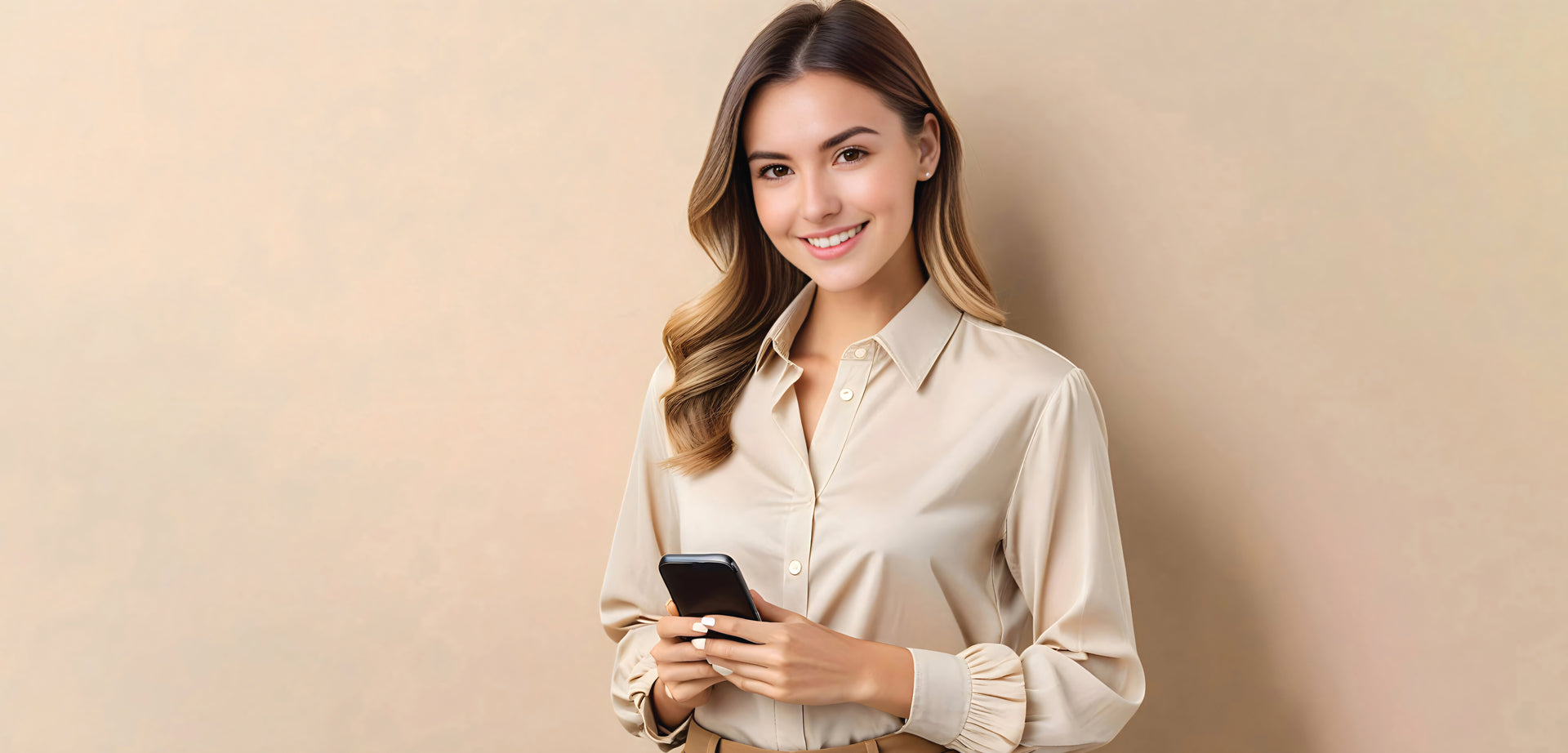 Woman smiling while using phone to pay securely. Learn more about Bless4Happy's secure payment options.