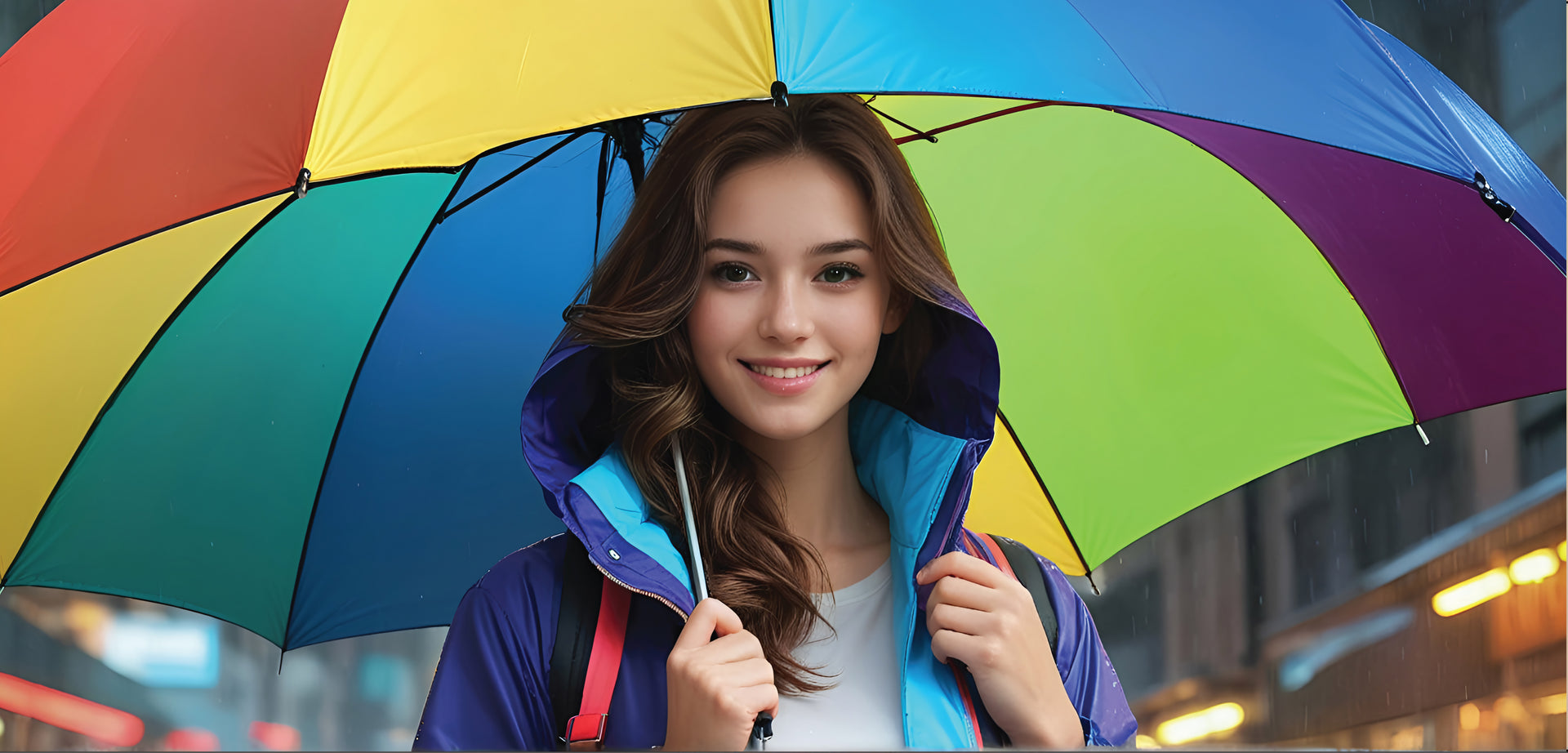 Smiling model sheltering under umbrella. Explore Bless4Happy's Privacy & Security Policy FAQs.