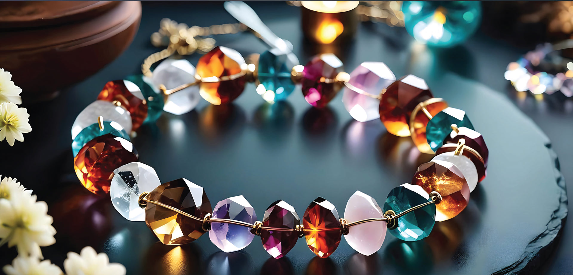 Stunning crystal bracelet displayed on a sleek stone platform. Learn more about Bless4Happy's Product Policy