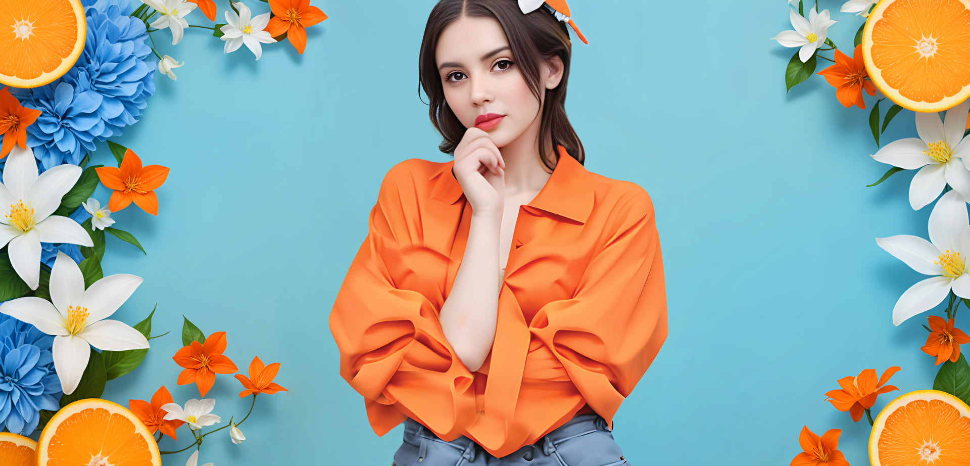 Smiling model wearing a bright orange top and blue jeans. Explore Bless4Happy's Promotion & Coupon FAQs and Sales-Policy for amazing deals!