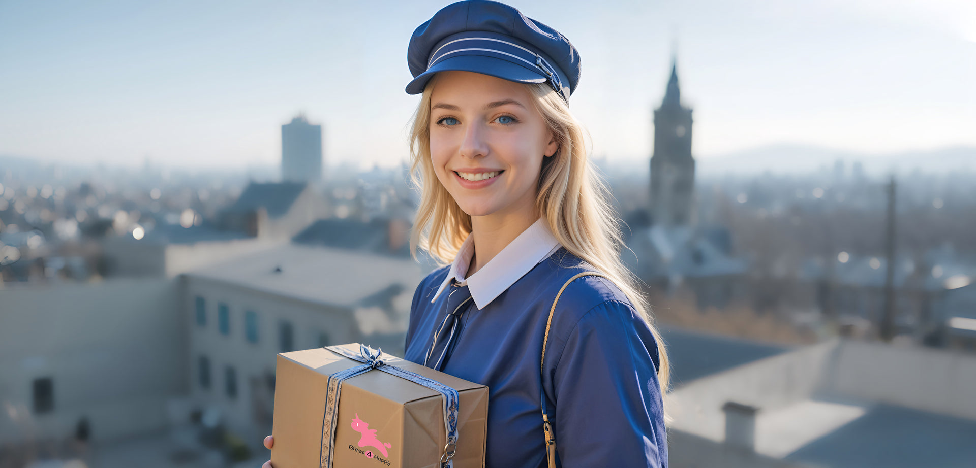 Happy delivery person ready to ship your Bless4Happy order. Explore our Shipping Policy