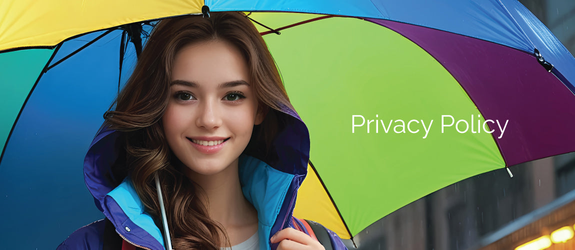 Smiling model sheltering under umbrella. Explore Bless4Happy's Privacy & Security Policy FAQs.